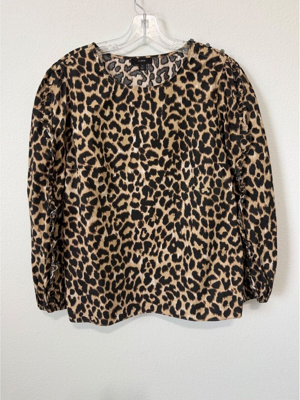 J. Crew Ruffled 3/4 Sleeve Round Neck Animal Print 100% Cotton Blouse Size M